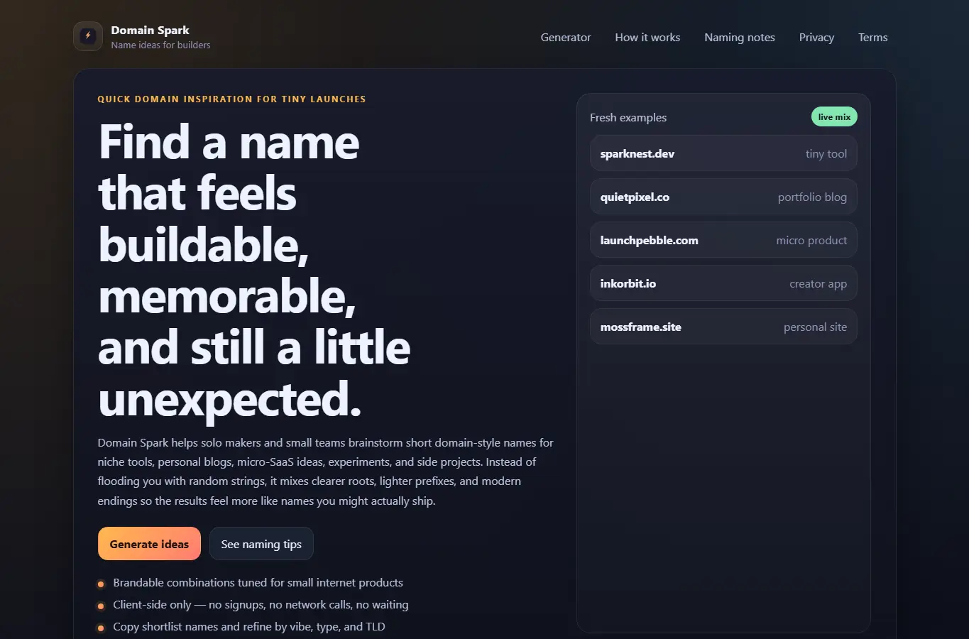 Screenshot of Domain Spark interface showing the project page in use